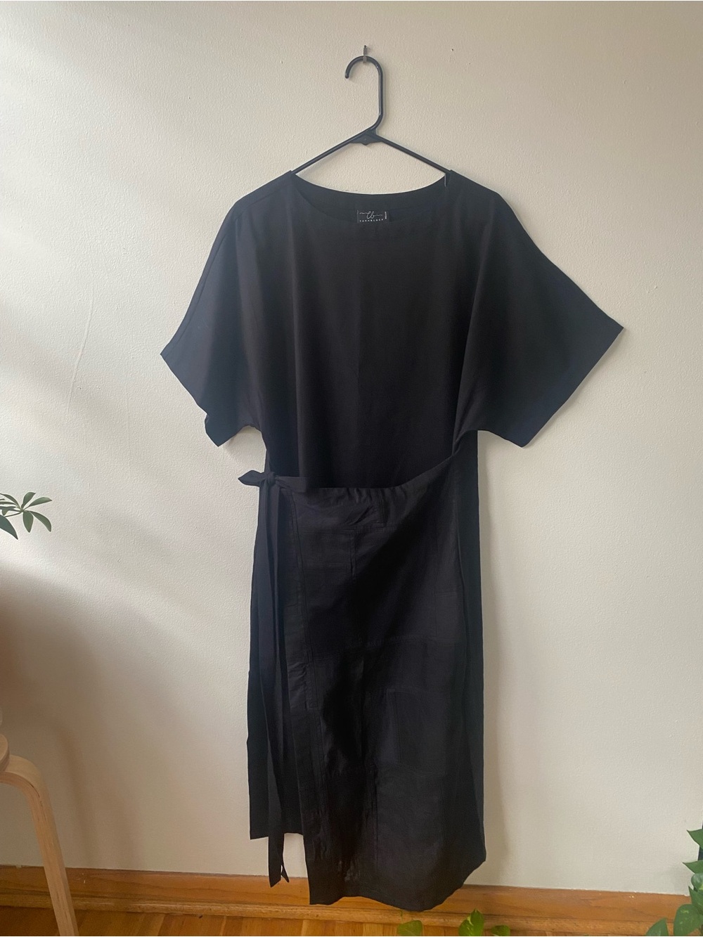 Black Tie-Waist Patchwork Midi Dress